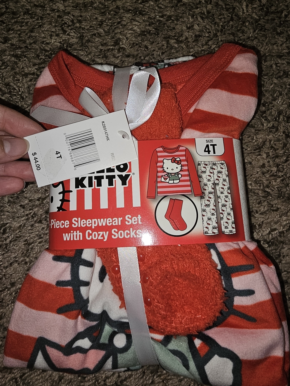 Hello Kitty Red & Pink Striped 2-Piece Sleepwear Set with Cozy Socks - Size